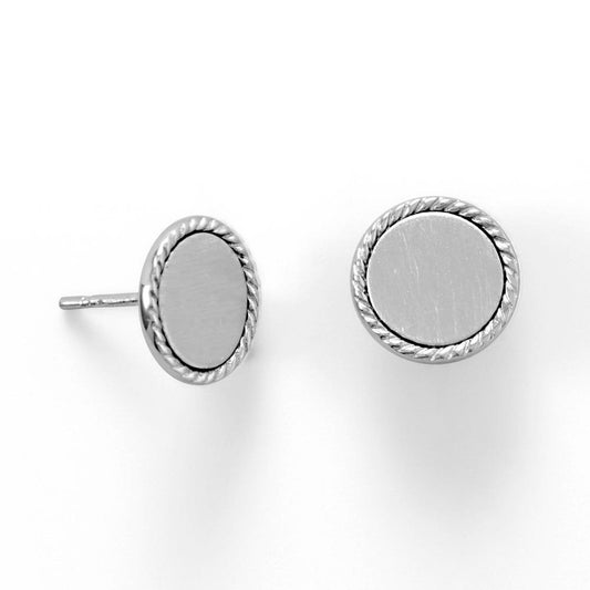 Engravable Rhodium Plated Rope Edge Disk Stud Earrings freeshipping - Higher Class Elegance