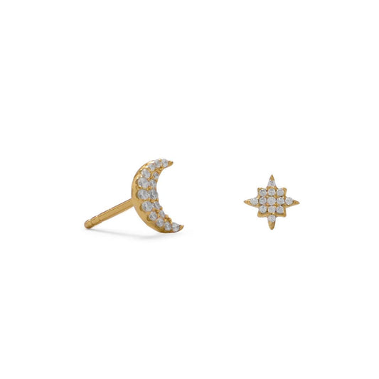 14 Karat Gold Plated CZ Moon and Star Stud Earrings freeshipping - Higher Class Elegance