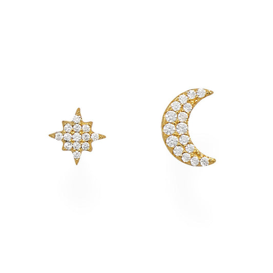 14 Karat Gold Plated CZ Moon and Star Stud Earrings freeshipping - Higher Class Elegance