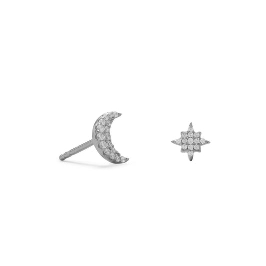 Rhodium Plated CZ Moon and Star Stud Earrings freeshipping - Higher Class Elegance