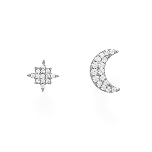 Rhodium Plated CZ Moon and Star Stud Earrings freeshipping - Higher Class Elegance