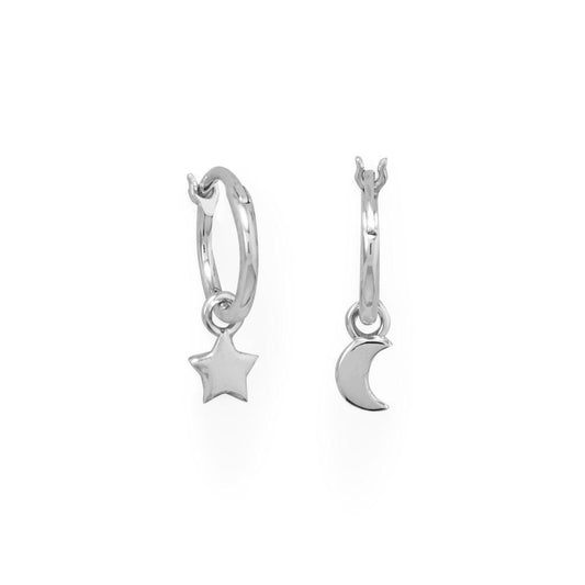 Rhodium Plated Moon and Star Charm Hoop Earrings freeshipping - Higher Class Elegance