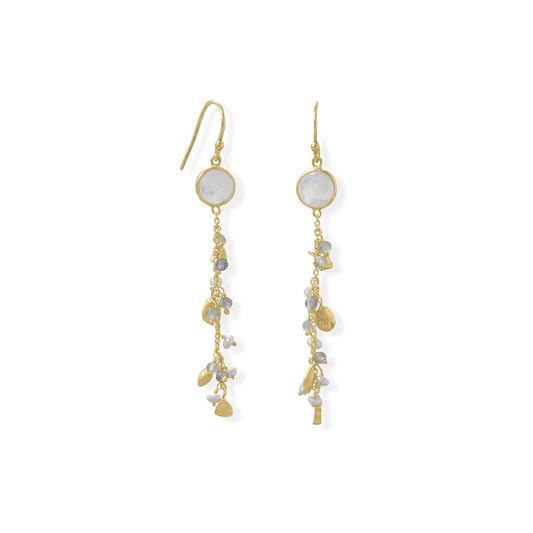 14 Karat Gold Plated Rainbow Moonstone, Labradorite and Pearl Drop Earring freeshipping - Higher Class Elegance