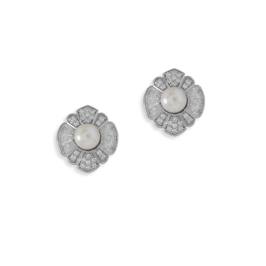 Rhodium Plated CZ and Cultured Freshwater Pearl Flower Earrings freeshipping - Higher Class Elegance