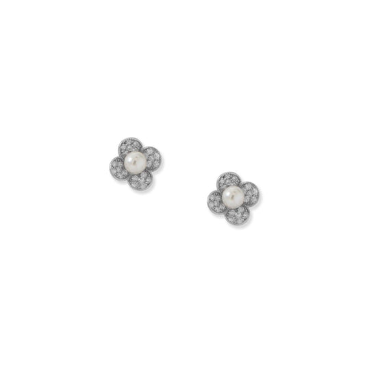 Rhodium Plated Simulated Pearl and Pave CZ Flower Earrings freeshipping - Higher Class Elegance