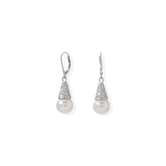Simulated Pearl and Pave CZ Cone Lever Earrings freeshipping - Higher Class Elegance