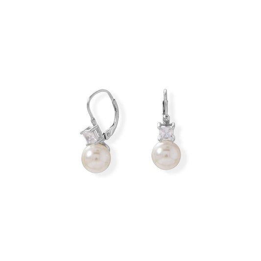 Simulated Pearl and Square CZ Lever Earrings freeshipping - Higher Class Elegance