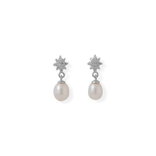 CZ Flower Post with Cultured Freshwater Pearl Drop Earrings freeshipping - Higher Class Elegance