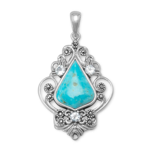 Reconstituted Turquoise, Blue Topaz and Marcasite Pendant freeshipping - Higher Class Elegance
