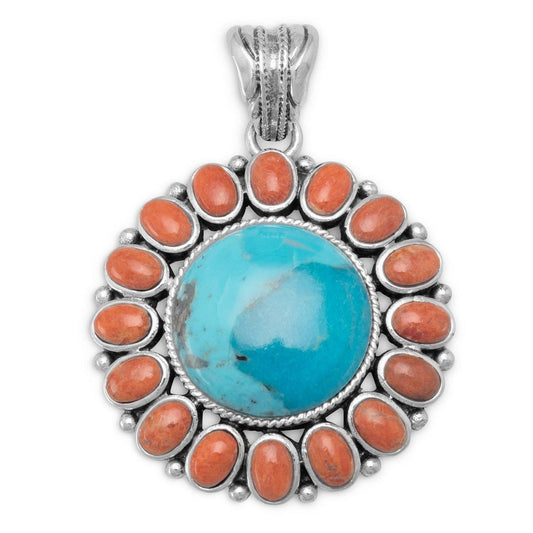Reconstituted Turquoise and Coral Sunburst Pendant freeshipping - Higher Class Elegance