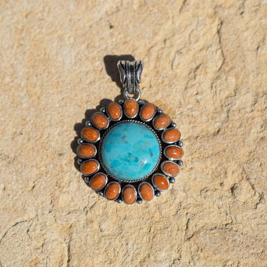 Reconstituted Turquoise and Coral Sunburst Pendant freeshipping - Higher Class Elegance
