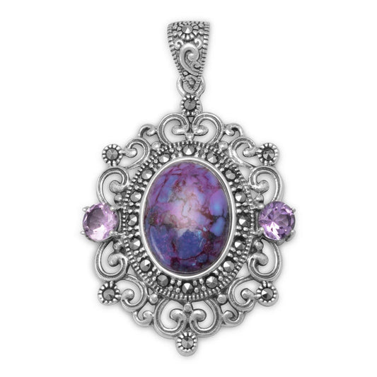 Ornate Marcasite and Reconstituted Purple Turquoise Pendant freeshipping - Higher Class Elegance