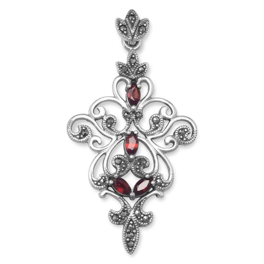 Ornate Marcasite and Garnet Pendant freeshipping - Higher Class Elegance