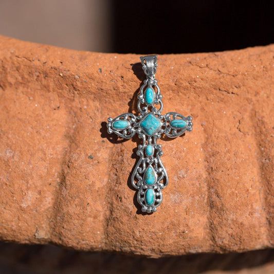 Ornate Oxidized Reconstituted Turquoise Cross Pendant freeshipping - Higher Class Elegance
