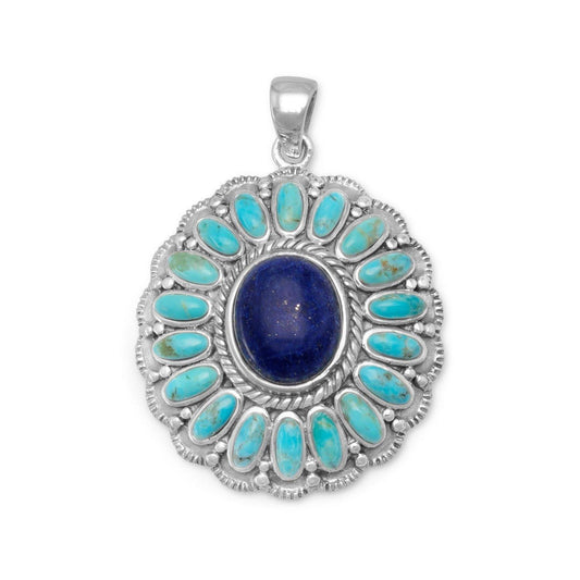 Oxidized Reconstituted Turquoise and Lapis Flower Pendant freeshipping - Higher Class Elegance