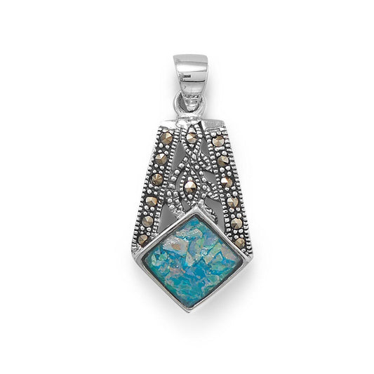 Oxidized Marcasite and Roman Glass Pendant freeshipping - Higher Class Elegance
