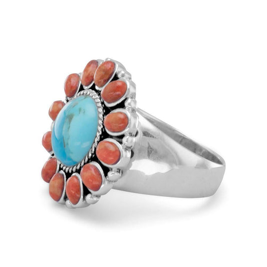 Reconstituted Turquoise and Coral Sunburst Ring freeshipping - Higher Class Elegance