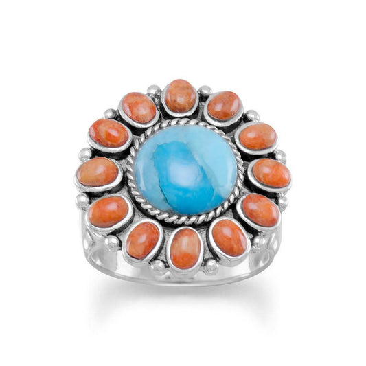 Reconstituted Turquoise and Coral Sunburst Ring freeshipping - Higher Class Elegance