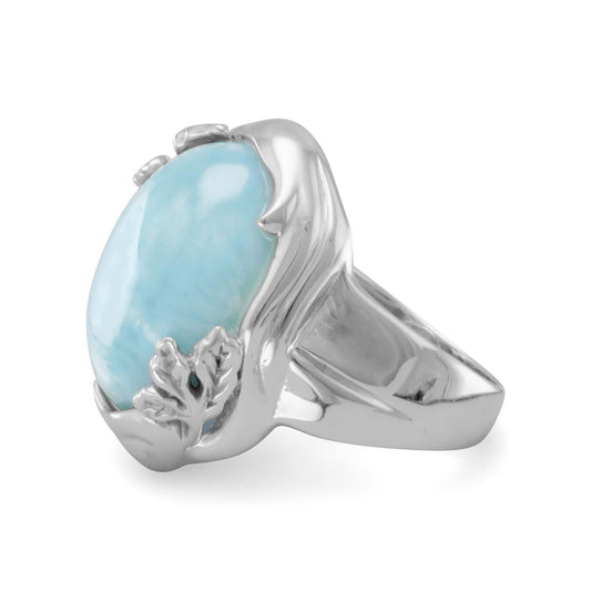 Rhodium Plated Larimar Ring with Leaf Design freeshipping - Higher Class Elegance