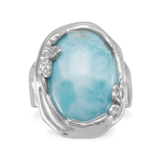 Rhodium Plated Larimar Ring with Leaf Design freeshipping - Higher Class Elegance