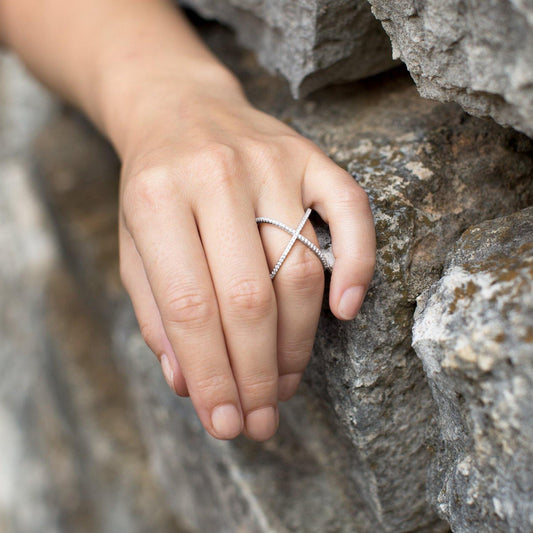 Rhodium Plated Criss Cross 'X' Ring with Signity CZs freeshipping - Higher Class Elegance