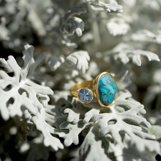 14 Karat Gold Plated Ring with Blue Topaz and Turquoise freeshipping - Higher Class Elegance