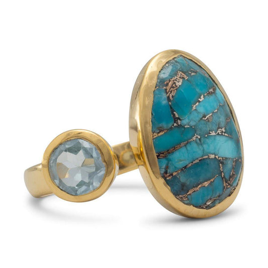 14 Karat Gold Plated Ring with Blue Topaz and Turquoise freeshipping - Higher Class Elegance