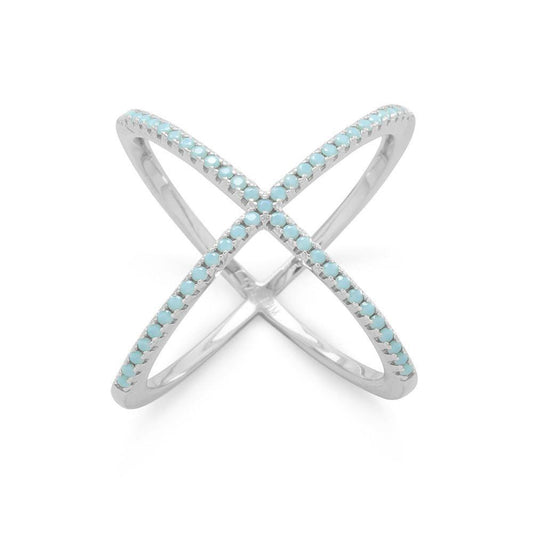 Rhodium Plated Criss Cross 'X' Ring with Blue CZs freeshipping - Higher Class Elegance