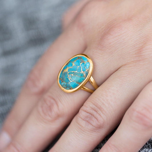 14 Karat Gold Plated Stabilized Turquoise Ring freeshipping - Higher Class Elegance