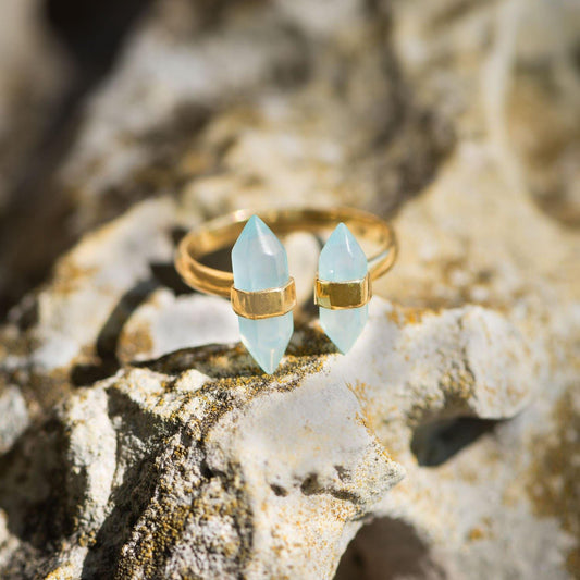 14 Karat Gold Plated Spike Pencil Cut Aqua Chalcedony Split Ring freeshipping - Higher Class Elegance