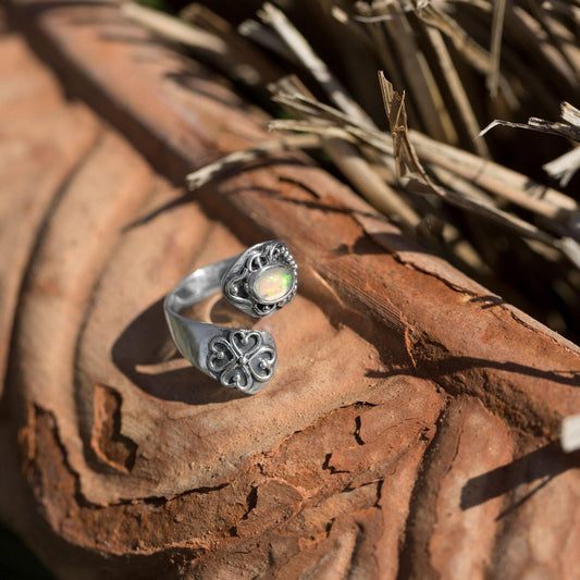Oxidized Ethiopian Opal Wrap Ring freeshipping - Higher Class Elegance