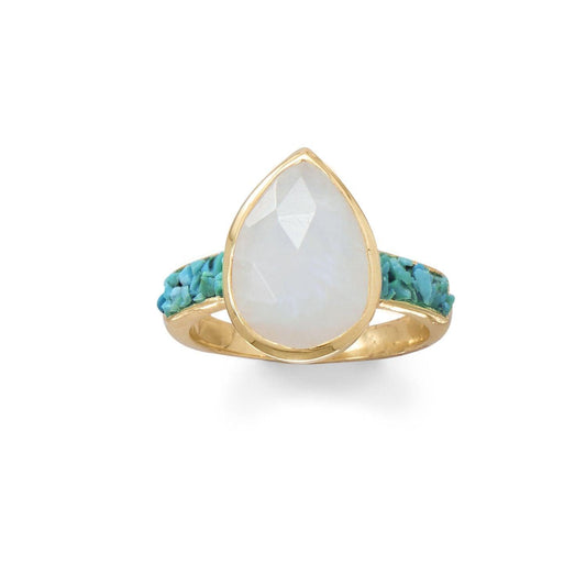 14 Karat Gold Plated Rainbow Moonstone and Crushed Turquoise Ring freeshipping - Higher Class Elegance