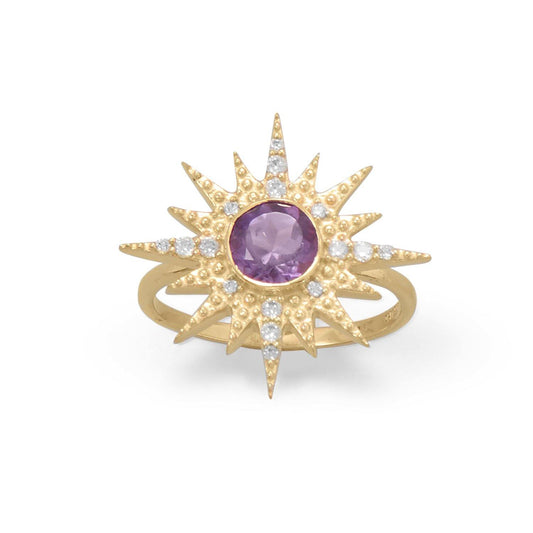 14 Karat Gold Plated CZ Sunburst with Amethyst Ring freeshipping - Higher Class Elegance