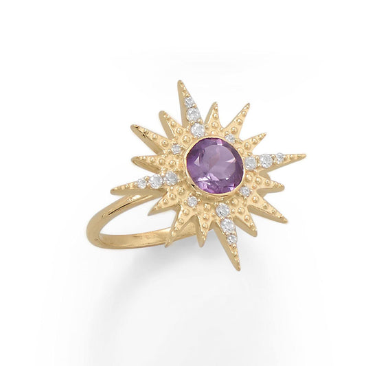 14 Karat Gold Plated CZ Sunburst with Amethyst Ring freeshipping - Higher Class Elegance