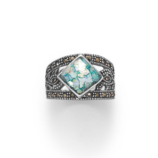 Oxidized Marcasite and Roman Glass Ring freeshipping - Higher Class Elegance
