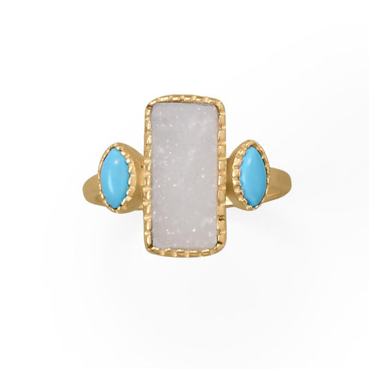 Darling and Dreamy! 14 Karat Gold Plated Druzy and Synthetic Turquoise Ring freeshipping - Higher Class Elegance