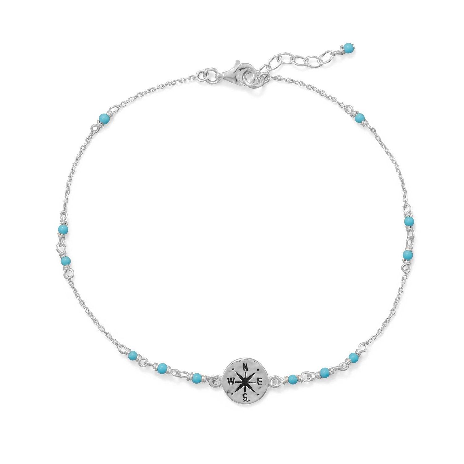 9.25"+.75" Blue Beaded Anklet with Compass Charm freeshipping - Higher Class Elegance