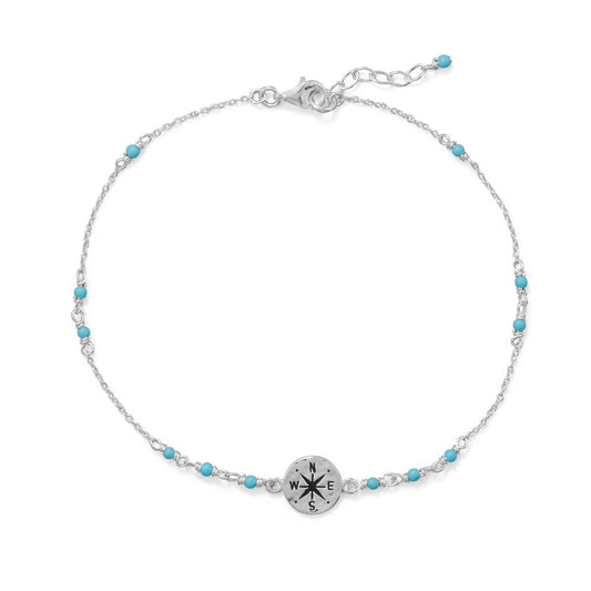 9.25"+.75" Blue Beaded Anklet with Compass Charm freeshipping - Higher Class Elegance