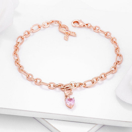Rose Gold Plated Breast Cancer Awareness Ribbon and Heart Charm Bracelet freeshipping - Higher Class Elegance