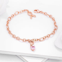 Rose Gold Plated Breast Cancer Awareness Ribbon and Heart Charm Bracelet freeshipping - Higher Class Elegance