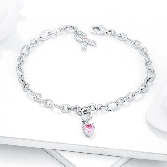 Breast Cancer Awareness Ribbon and Heart Charm Bracelet freeshipping - Higher Class Elegance