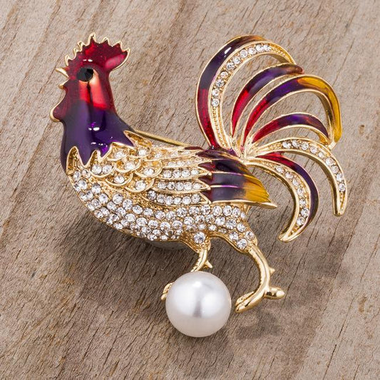 Gold Tone Multicolor Rooster Brooch With Crystals freeshipping - Higher Class Elegance