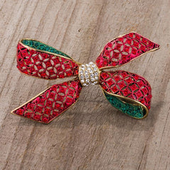 Red And Green Bow Brooch With Crystals freeshipping - Higher Class Elegance
