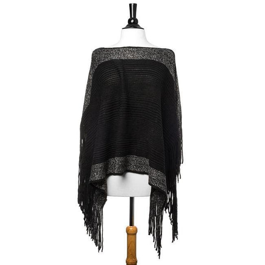 Black Lightweight Knit Fringe Poncho freeshipping - Higher Class Elegance