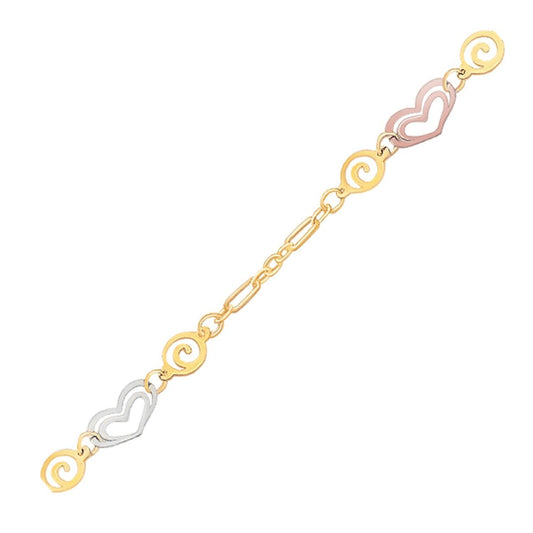 14k Tri-Color Gold Anklet with Multi Color Heart Stations freeshipping - Higher Class Elegance