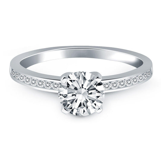 14k White Gold Engagement Ring with Diamond Channel Set Band freeshipping - Higher Class Elegance