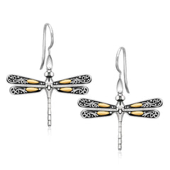 18k Yellow Gold and Sterling Silver Dragonfly Motif Drop Earrings freeshipping - Higher Class Elegance