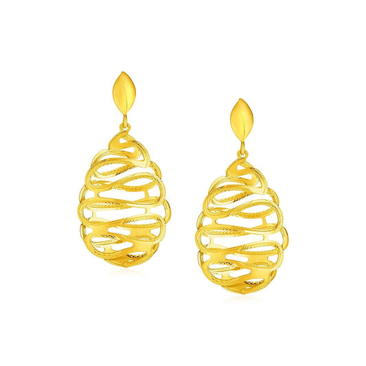 14k Yellow Gold Post Earrings with Textured Wire Spiral Dangles freeshipping - Higher Class Elegance