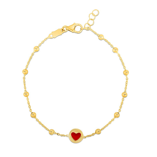 14k Yellow Gold Childrens Bracelet with Beads and Enameled Heart