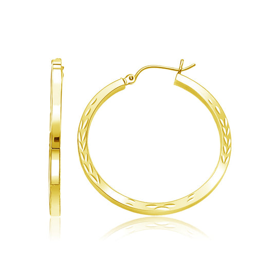 14k Yellow Gold Diamond Cut Hoop Earrings